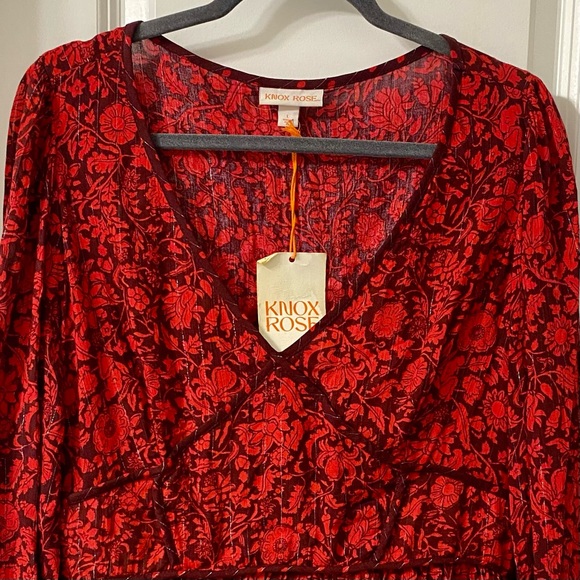 Knox Rose Red Floral Long Sleeve Embroidered Blouse L - Picture 4 of 12